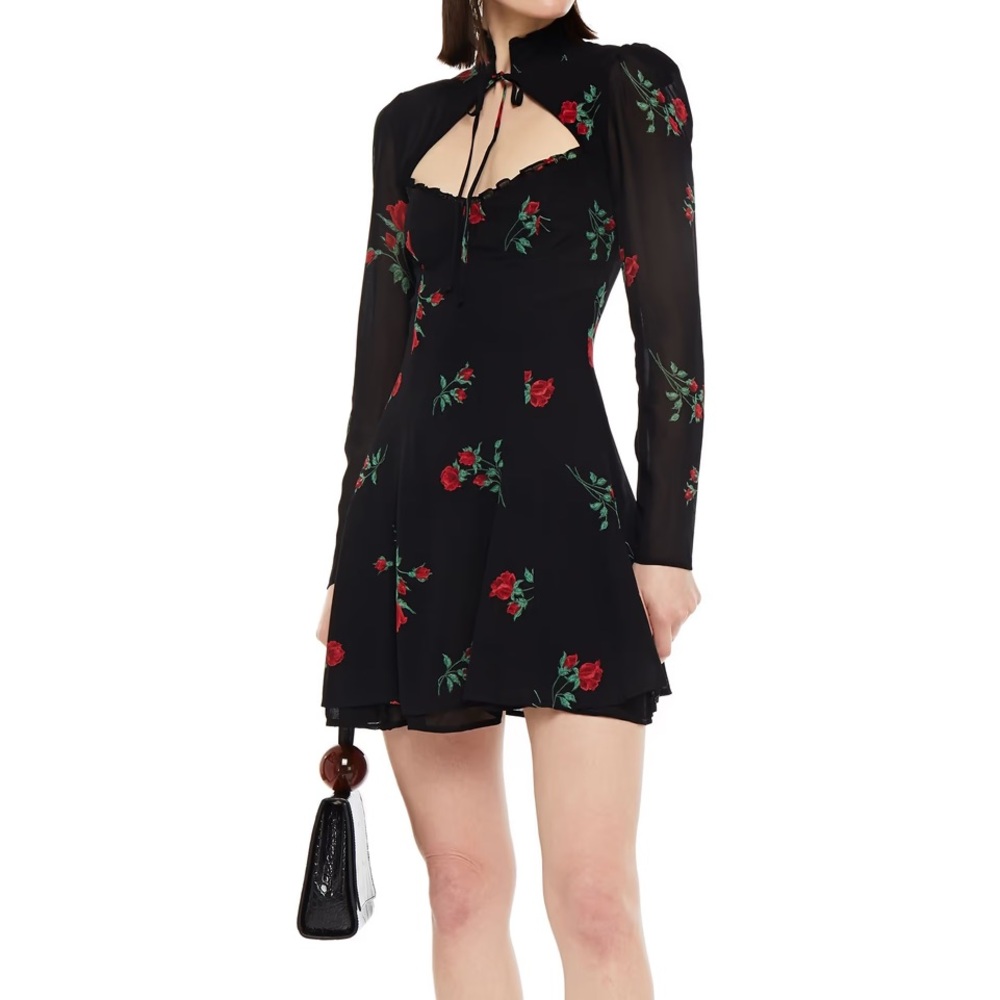 Reformation Black Dress with Red Floral Design